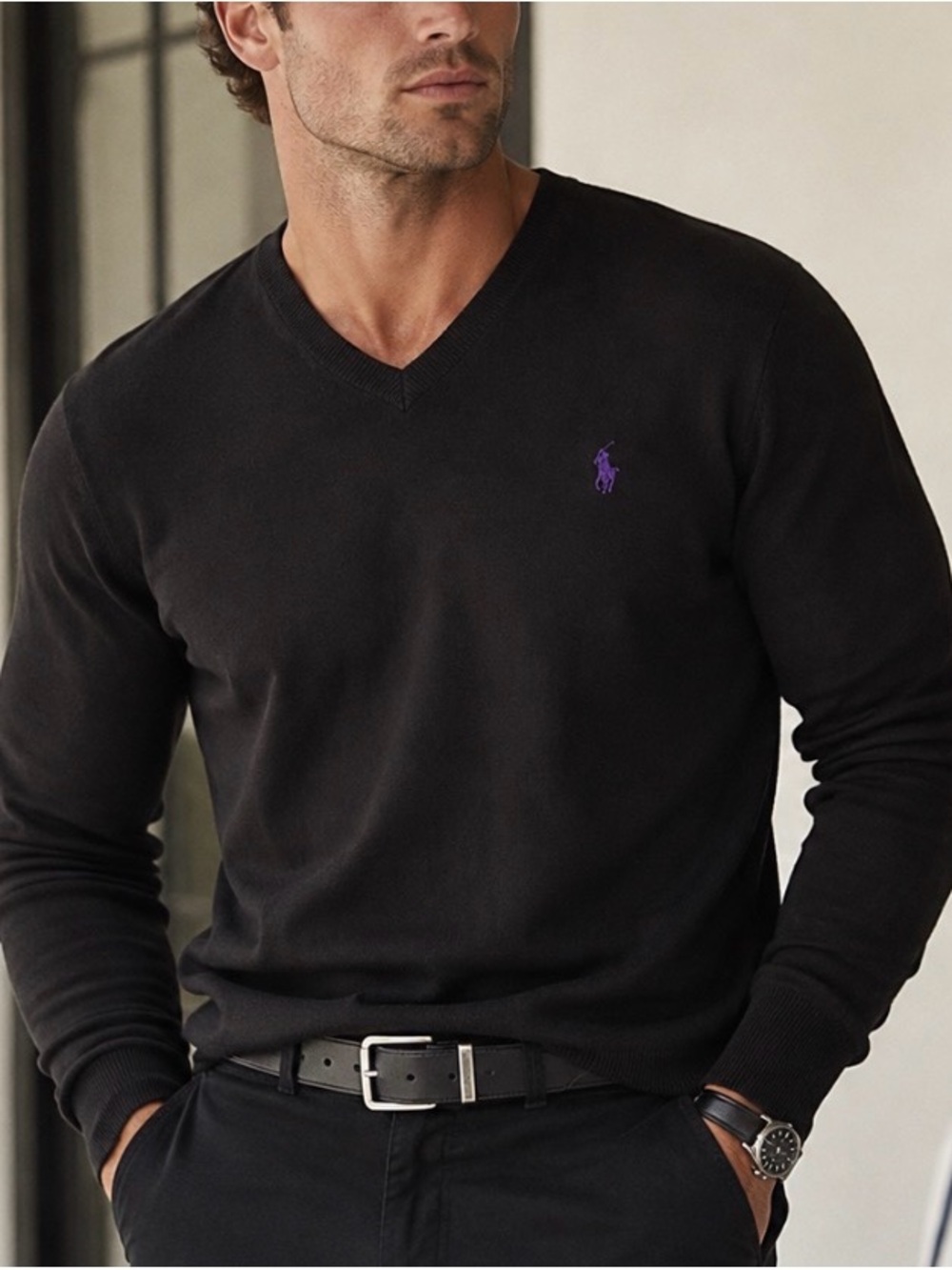 Ralph Lauren Black V-Neck Sweater with Purple Pony